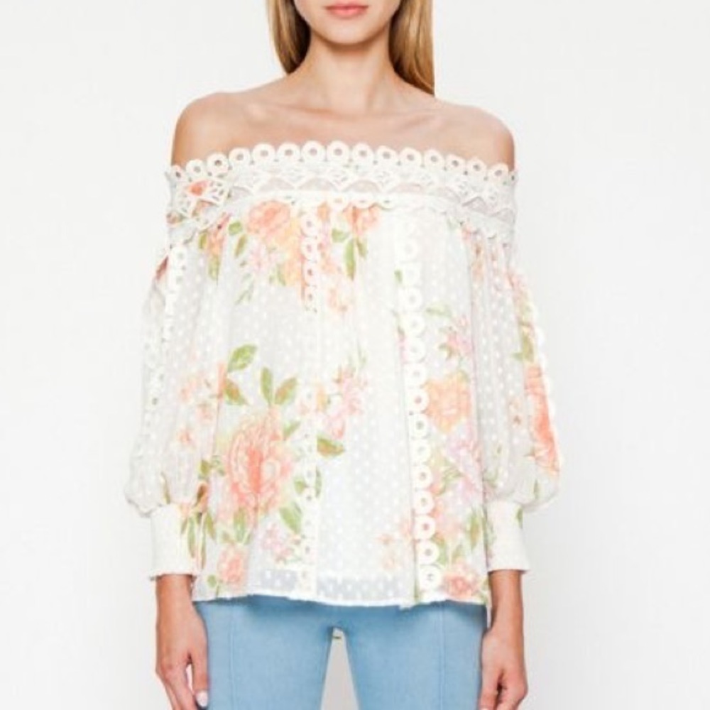Vici Ivory Floral Swiss Dot Lace Off Shoulder Peasant Blouse | Size Small
